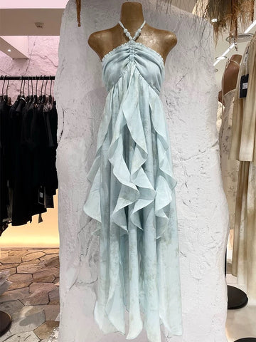 A line Halter Ruffled Floral Blue Summer Holiday Dress Women's Long Vacation Dresses S180